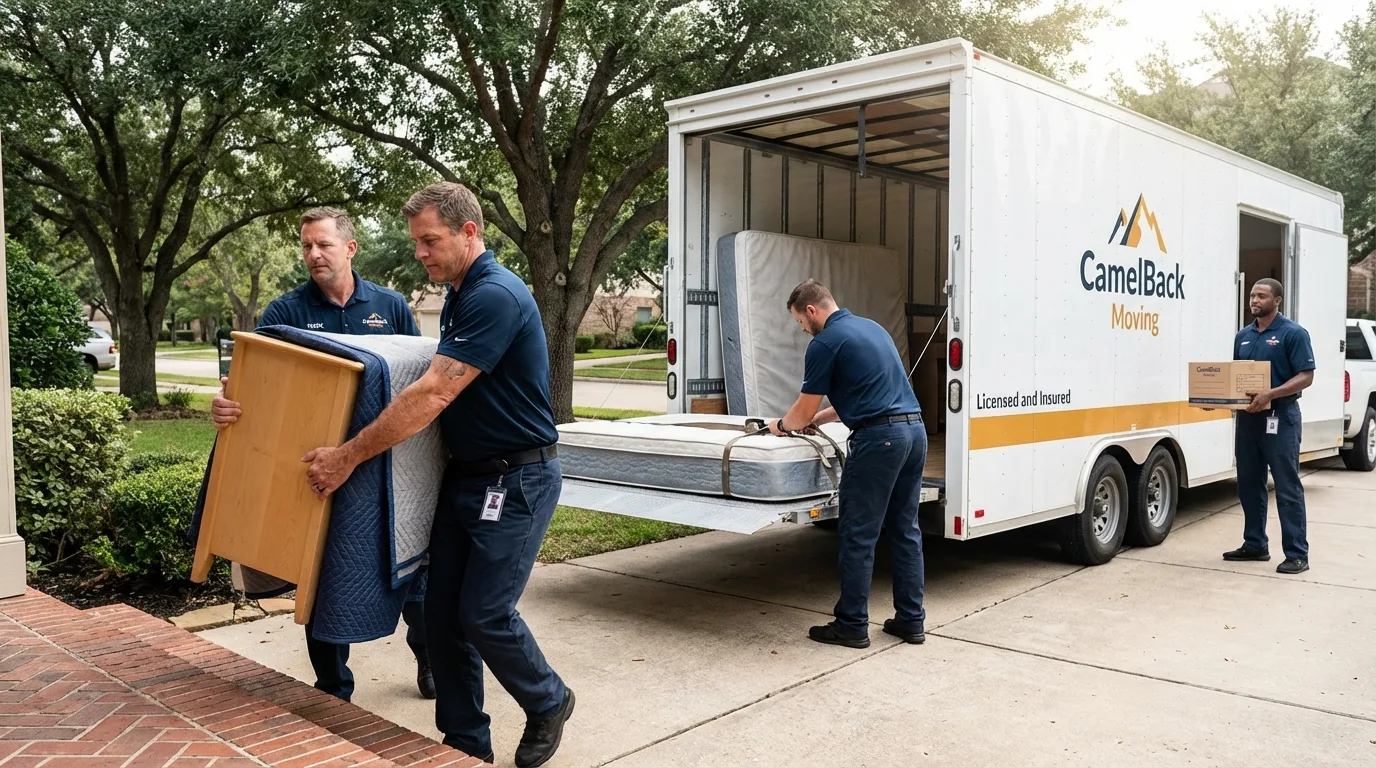 Crew loading residential truck for cross-state move from Haltom City, TX