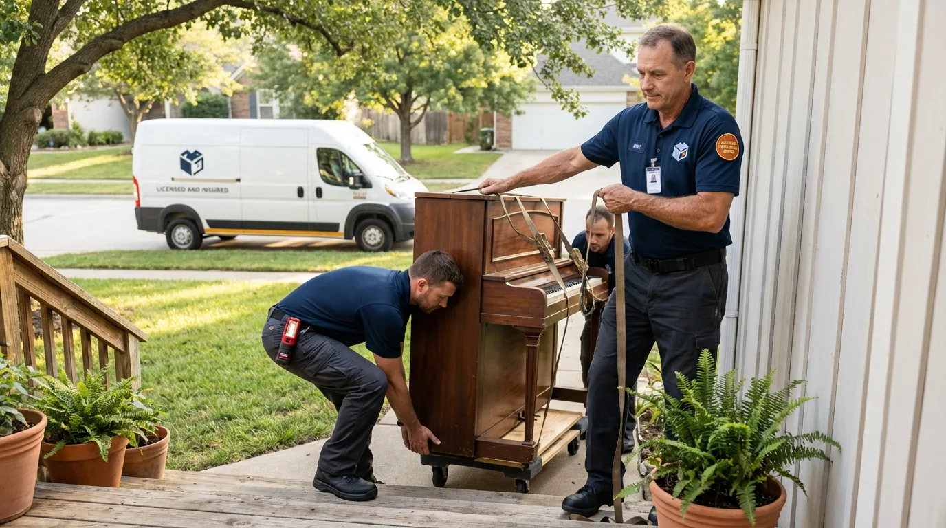 Licensed piano movers securing grand piano in Haltom City, TX