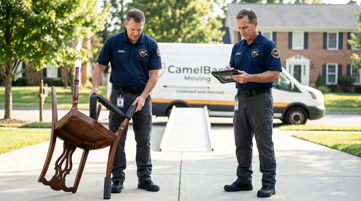 Movers inspecting furniture for damage prevention before loading in Haltom City, TX