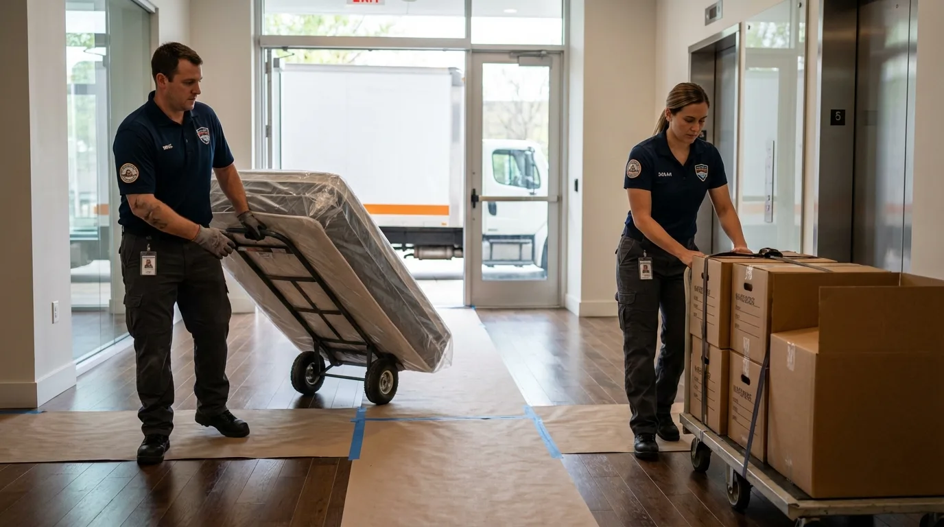 Professional apartment movers loading elevator in Haltom City, TX