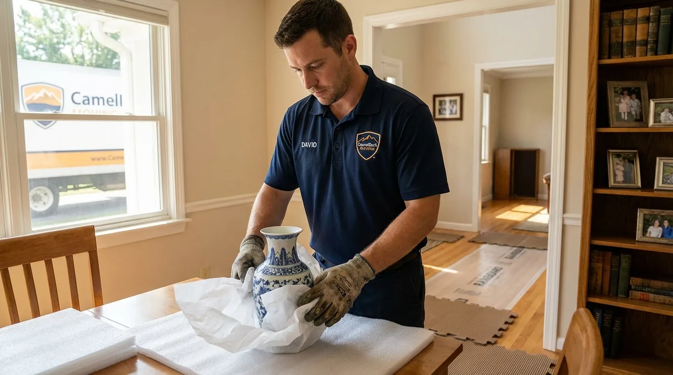 Professional crew carefully wrapping antique vase for senior downsizing move in Haltom City, TX